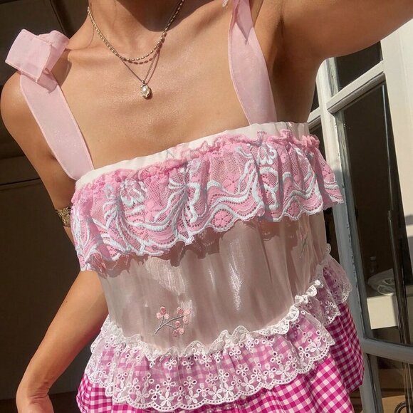 Pink Boho Women's Vacation Plaid multi print Lace Splicing Camisole top - Picture 4 of 7